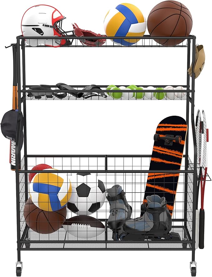 WALMANN Garage Ball and Sports Equipment Organizer, Ball Storage Rack Indoor/Outdoor Kids Ball/Toy Storage Organizer Bins, Rolling Ball Cart with Baskets