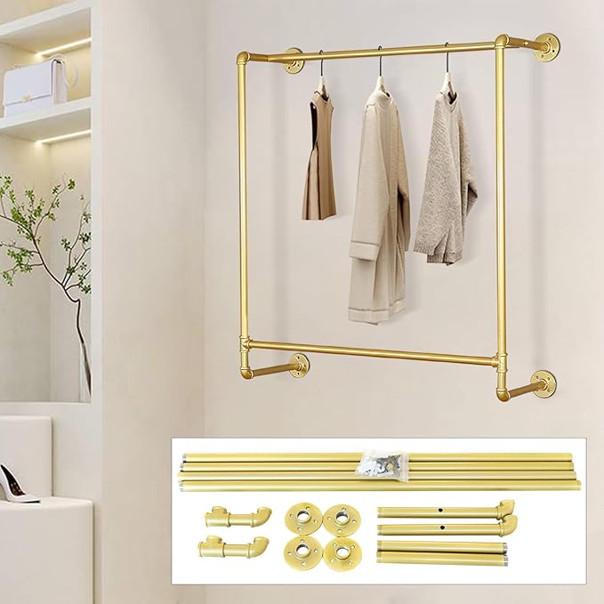 Gold Wall Mounted Clothes Rack, Industrial Pipe Garment Rack Hanging Rod Bar for Closet Storage,Laundry Room Up to Max Load 110lbs