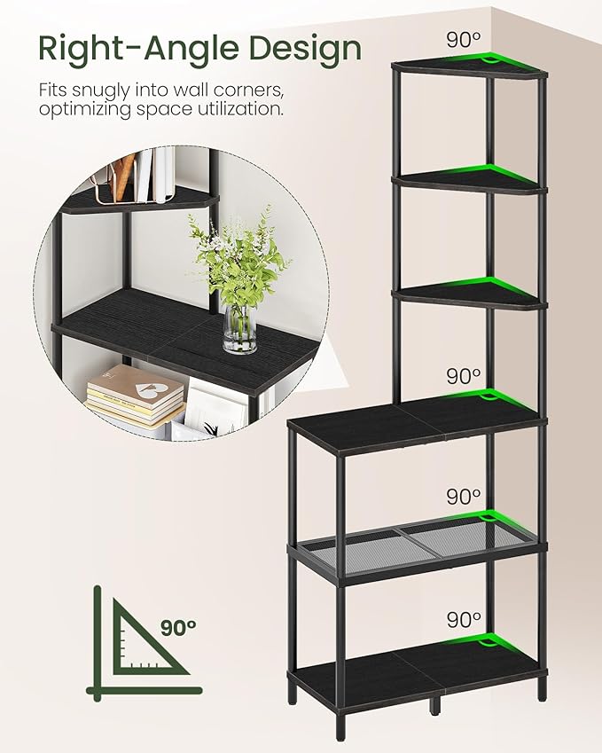 6-Tier Corner Shelf, Industrial Corner Bookshelf with Desk Top, Diamond-Shaped Storage Shelves, Display Stand for Small Spaces, Living Room, Home Office, Foyer, Black TCJ70BB