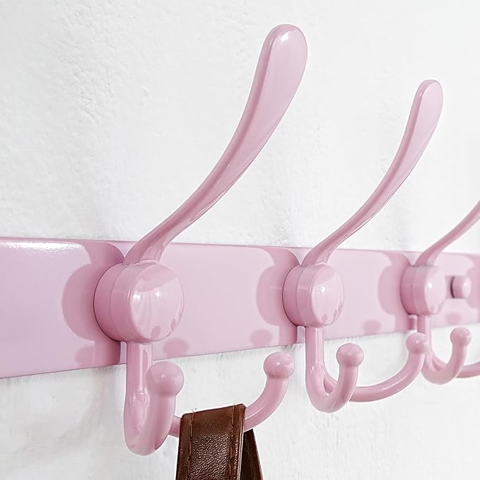 Dseap Coat Rack Wall Mount - 38” Long 10-Tri-Hooks Heavy Duty Coat Hanger Rail Wall Hooks for Hanging Coats Hats Clothing Clothes Purse Mudroom Entryway, Pink