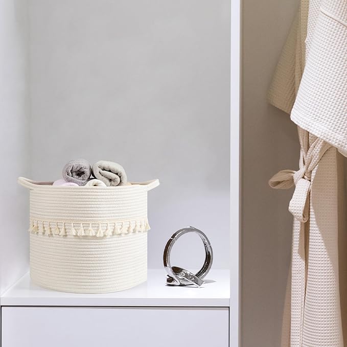 danpinera 3 Pack White Storage Baskets, 11"x11" Soft Woven Baskets for Storage and Decor in Bedroom, Nursery, Closet, Small Round Rope Baskets for Shelves, Decorative Storage Basket