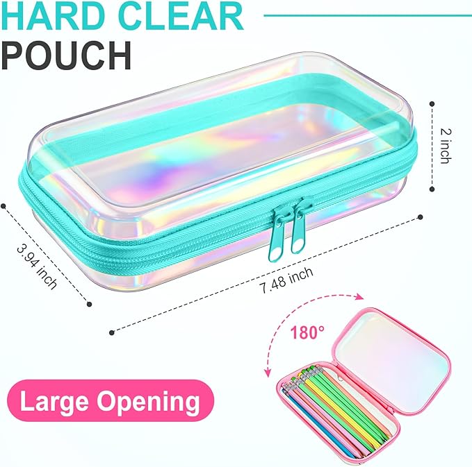 Sanwuta 6 Pcs Clear Hard Zipper Case Hard Plastic Zipper Pouches Transparent Makeup Bag Pencil Pouches for Travel Snacks Christmas Trinket Storage Organizer Box(Holographic,7.48 x 3.94 x 2 Inch)