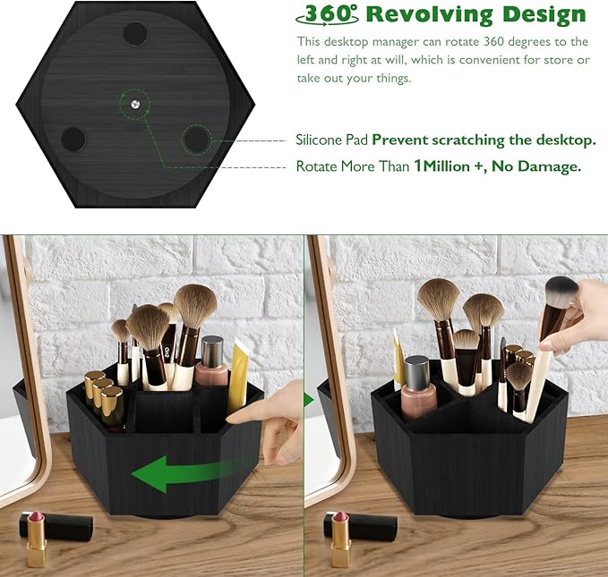 Houtingmaan Art Caddy Organizer for Kids, Bamboo Pencil Organizer with 7 Compartments, Pen Storage, Marker Holder, Desk Caddy, Black
