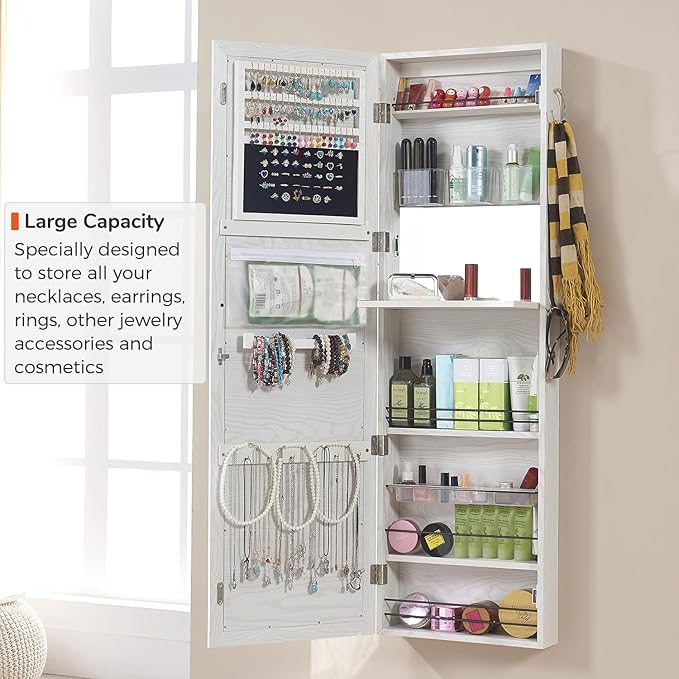 GISSAR Jewelry Mirror Armoire Wall Mount Over The Door Cabinet Storage Organizer Lockable Full Length Door Mirror(White)