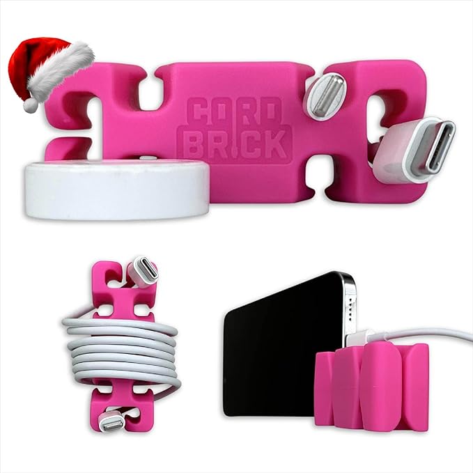 CordBrick Stocking Stuffers for Adults Cord Management Weighted Cord Holder Cable Wrap Phone Stand - Multiuse Gadget Organizer for Nightstand, Desk. Gift for Men, Durable Silicone. 1pk Pink