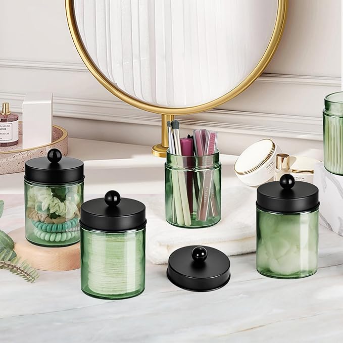 Amolliar Sage Green Glass Apothecary Jar, Qtip Holder Metal Lid & Stickers, Bathroom Qtip Dispenser Storage Canister, Perfect for Cotton Balls, Cotton Swabs, Round Pads, Bath Salt, Floss, Black 2 Pack