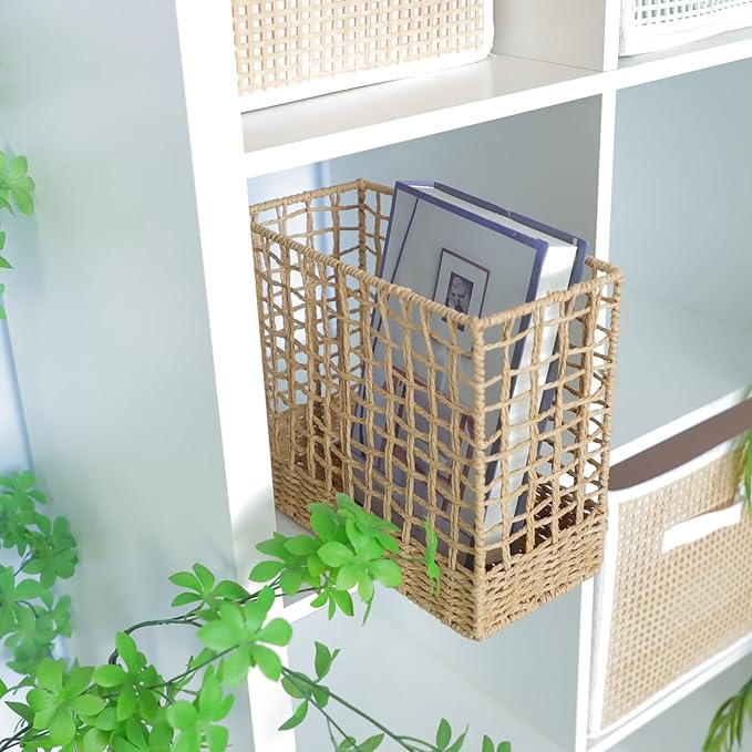 YRMT Magazine Holder Paper Rope Woven Storage Basket for Magazines, Newspapers, Books Decorative Folder Organizer Bin for Home Office
