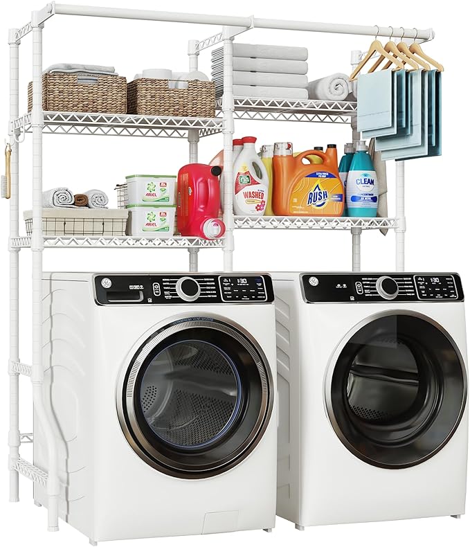 U14 Medium Over the Washer and Dryer Shelves, 4 Tiers Laundry Room Storage and Organizer System, Space Saving Clothes Drying Rack with 2 Clothes Hanger Rods, 57.8"W x 20.5"D x 77.4"H, White