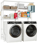U14 Medium Over the Washer and Dryer Shelves, 4 Tiers Laundry Room Storage and Organizer System, Space Saving Clothes Drying Rack with 2 Clothes Hanger Rods, 57.8"W x 20.5"D x 77.4"H, White