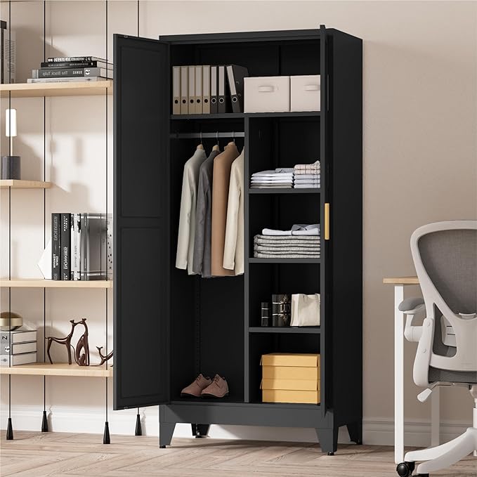71" Tall Metal Wardrobe Closet with Adjustable Shelves and Hanging Rod, 2 Doors Office Storage Locker Cabinet for Home, Office, Bedroom, Laundry Room, Black