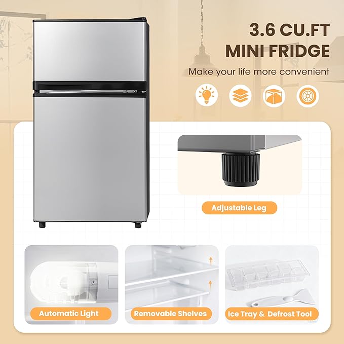 Manastin 3.6 Cu.Ft Mini Fridge with Freezer, 2 Door Small Refrigerator, 7 Level Adjustable Thermostat, Compact Fridge for Living Room, Office, Kitchen and Apartment(Silver)