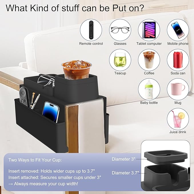 KindGa Couch Cup Holder Tray,Silicone Couch Arm Cup Holder,Couch Arm Organizer for Sofa Drinks/Phone/Remote/Snacks,Couch Armrest Recliner Armchair Caddy - Black