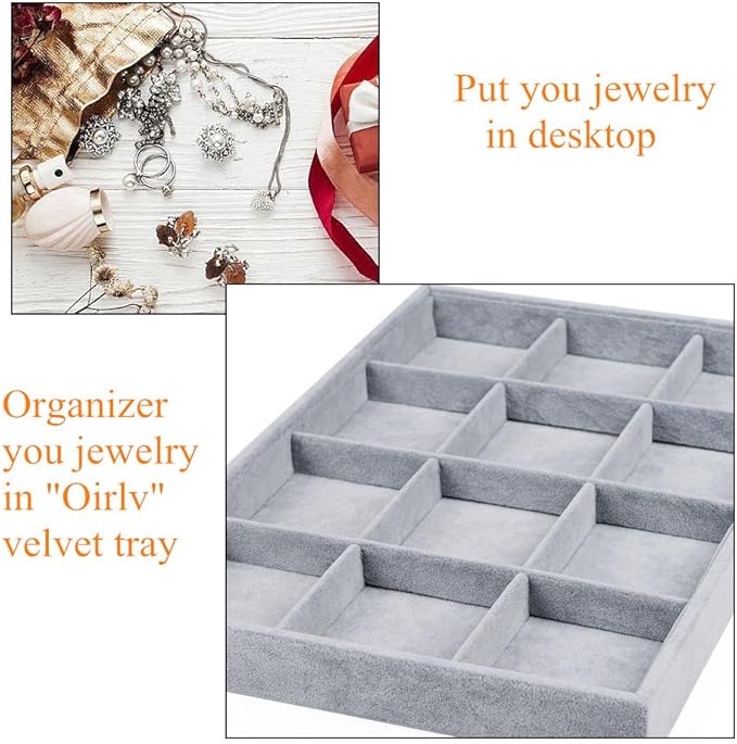 Oirlv Velvet Stackable Jewelry Display Trays 12 Grids Rings Earrings Bracelet Organizer Storage Tray(13.8"x1.29"x9.4")