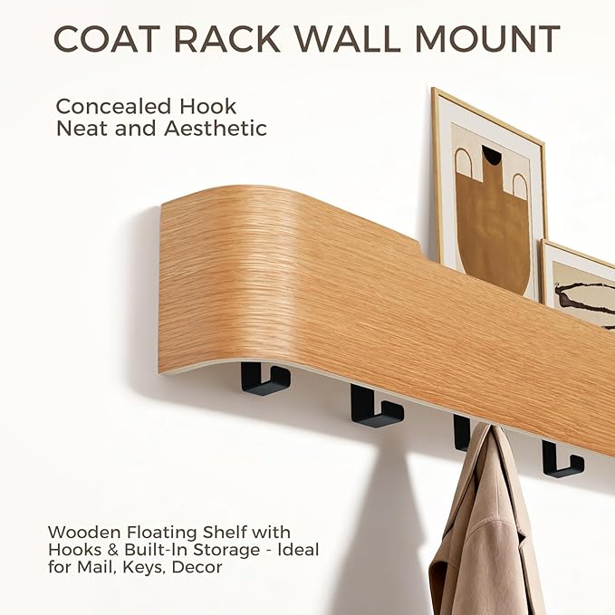 Wall Coat Rack Floating Shelves Modern Coat Rack Wall Mount with Storage Entryway Shelf Wooden Hanger 20 Inch 4 Hidden Metal Hooks for Living Room Bedroom (Oak, 4 Hooks)