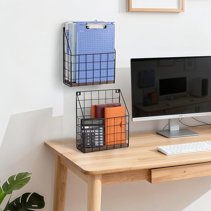 Mail Holder Magazine Basket - 1 Pack Black Wall Mount File Organizer Rack of Wooden Style with Adhesive Mounting - Metal Wire Hanging Sorter for Document Folders Newspaper Clipboard Brochure Display