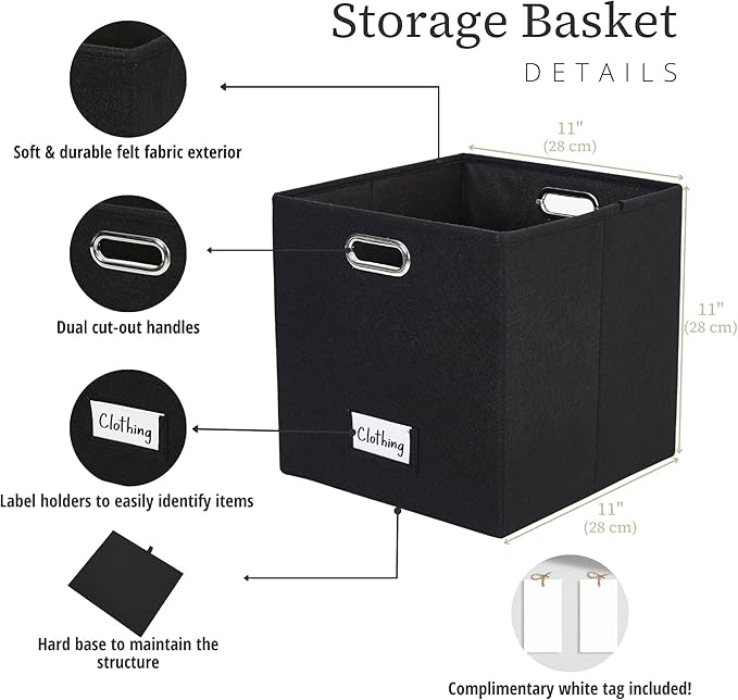 DECOMOMO Black Storage Bins, 11 inch Cube Storage Bin with Labels, Felt Baskets (Cube 11" / 6pcs, Black)