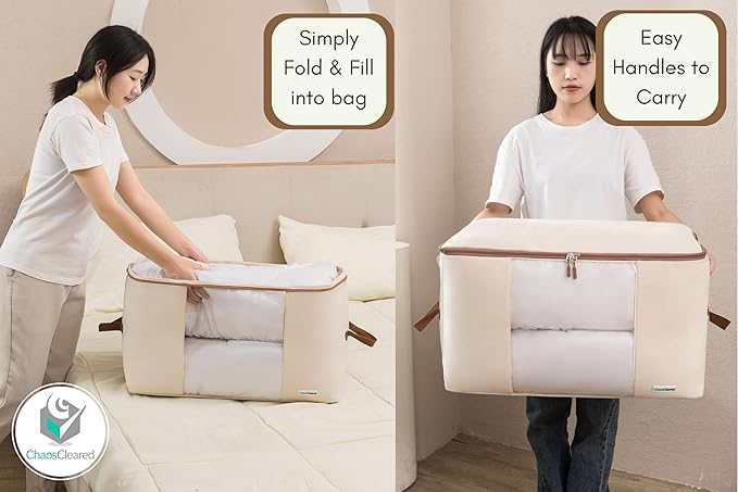 Canvas Comforter Storage Bags 2 Pack Folding Organizer bag for King/Queen Comforters, Pillows, Blankets, Bedding/Quilt, Blanket, Duvet, Mothproof Space Saver; Large Collapsible Organizers, 24"x14"x14"
