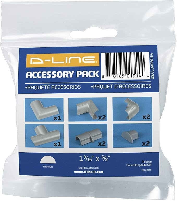 D-Line Medium Cable Raceway Accessory Pack, Join 1.18in x 0.59in Cord Cover Lengths, 10 Accessories Included, Hide Cords Around a Variety of Angles - Gray