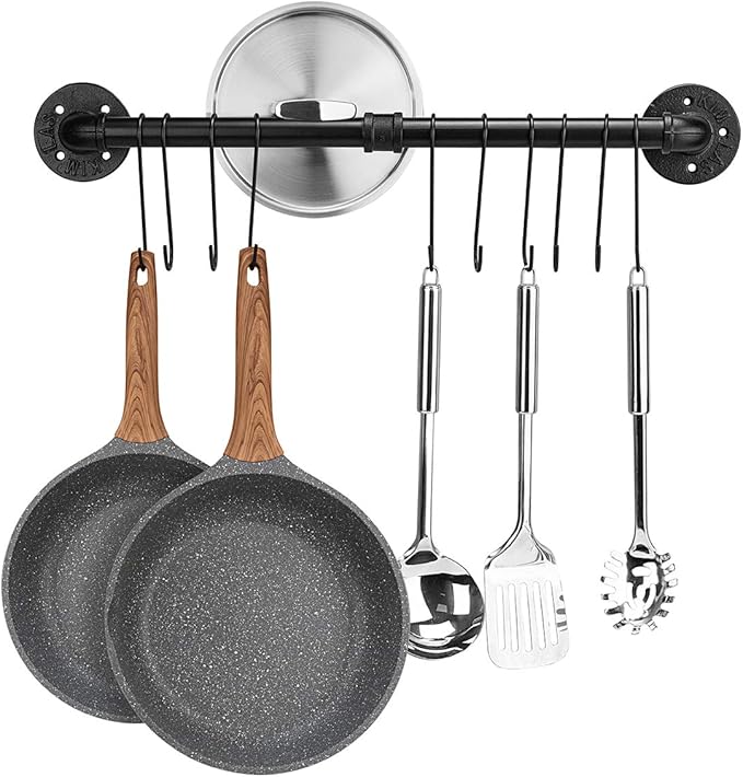 Toplife 23.7 inch Pot Rack, Kitchen Wall Mounted Detachable Pan Lid Utensils Organizer Hanging Rail with 10 Hooks, Black