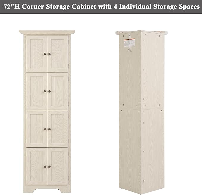 72" H Farmhouse Corner Storage Cabinet with 8 Doors & 4 Shelves, 4 Tier Kitchen Corner Pantry Cabinet Wooden Organizer Case Bookshelf, Home Space Saver Cabinet for Kitchen,Living Room(White)