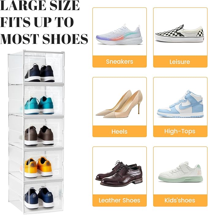 Shoe Boxes, Stack Without Toppling Modular storage boxes combine freely for use in closets, under beds, hallways, and entryways. Space-saving. (Transparent, 12 Pack)
