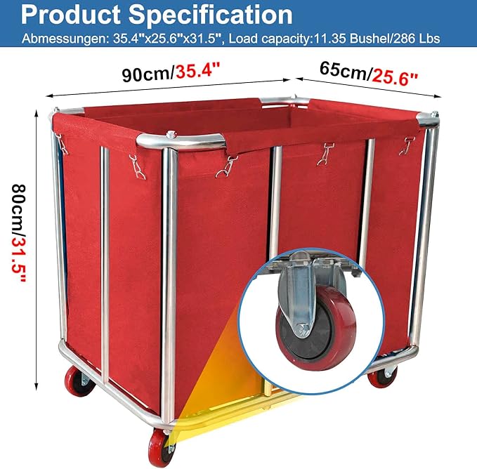 Laundry Cart Commercial,11.35 Bushel Large Industrial Rolling Laundry Hamper with 4 Inch Wheels,Household Heavy Duty Laundry Baskets with Stainless Steel Frame, 286 LBS Weight Capacity