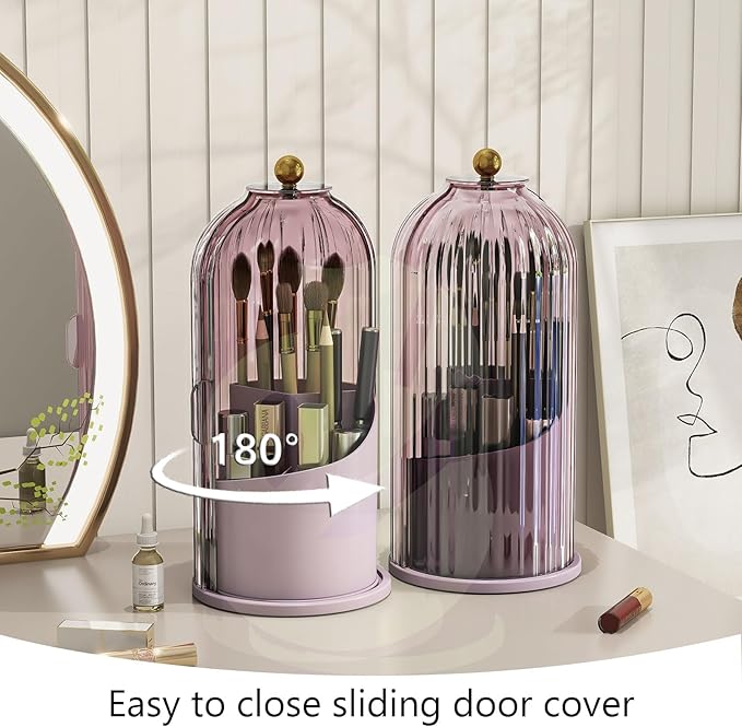 Makeup Brush Holder with Dustproof Cover 360 Rotating Makeup Brush Organizer for Vanity Bathroom, Pink