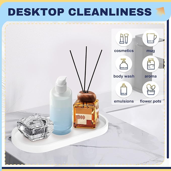 2 Pieces Silicone Shatterproof Bathroom Vanity Tray, 9.8" & 11.8" Oval White Kitchen Counter Tray, Hand Soap Dispenser Tray, Toilet Top Perfume Trays for Dresser Holder Organizer (White)