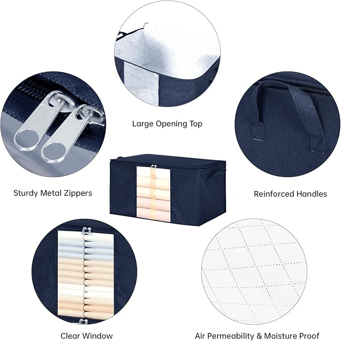 8 Pack Clothes Storage Bags - 60L Blanket Organizers and Storage for Closet Large Storage Bins with Lids and Zipper Storage Containers for King Comforter, Pillow and Sweater(Blue, 8 Pack)