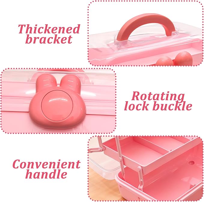 3-Tier Lockable Hair Accessories Organizer for Girls - Foldable Craft Storage Box Pink Plastic box with 2 Trays for Headbands, Art Supplies, Beads & Washi Tapes