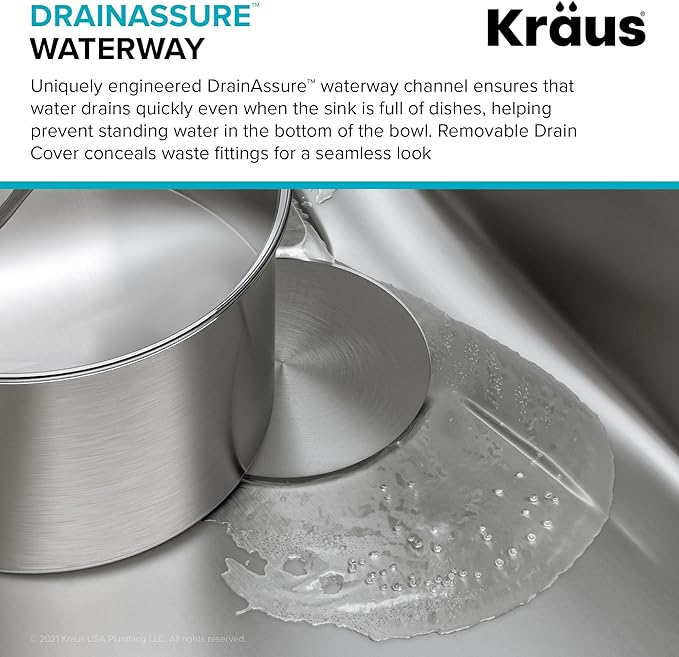 KRAUS Dex 25-Inch Undermount Single Bowl TRU16 Gauge Stainless Steel Kitchen Sink with DrainAssure WaterWay and VersiDrain Assembly in Radiant Pearl Finish, KD1US25B