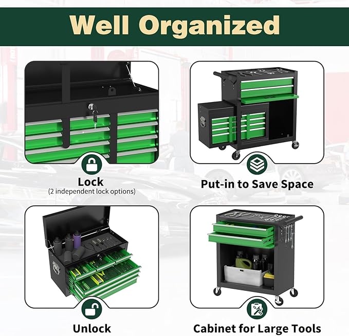 8-Drawer Heavy Duty Tool Chest with Wheels - Industrial Rolling Tool Box, Lockable Drawers & Smooth Glide System for Mechanics, Garage, Auto Repair Shop(GreenBlack)
