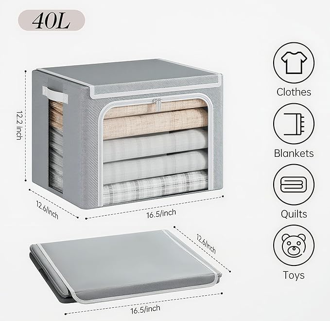Yecaye Clothes Storage Bins with Metal Frame, 40L Foldable Clothing Storage Bins with Lid, Stackable Zippered Clothes Storage Bags, Oxford Fabric Organizer Box With Clear Window＆ PU Leather Handles