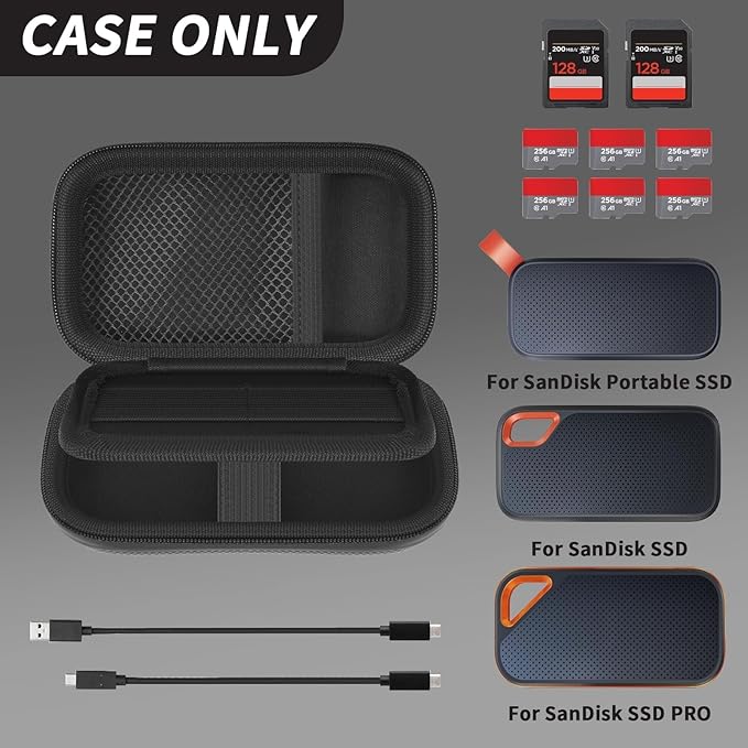 Fireproof& Waterproof Case for SanDisk Extreme Portable External SSD 500GB 1TB 2TB 4TB 8TB Solid State Drive, Zipper Travel Cable Organizer with SD SDXC SDHC Card Slots, Storage Pouch Only (Black)