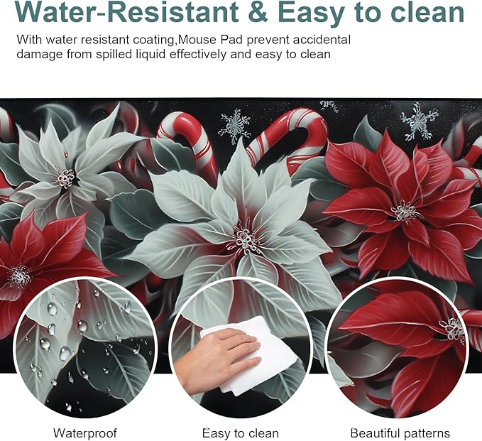 Christmas Flowers Gaming Mouse Pad 35.4"x15.7"Desk Mat Anti-Slip Rubber Base & Durable Stitched Edges for Gamers Smooth Mouse Writing Surface for Desk Office/Home