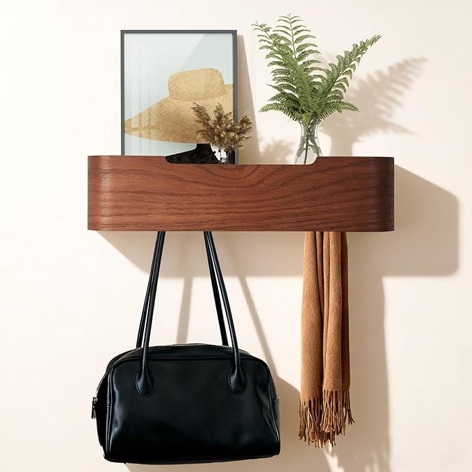 Wall Coat Rack Floating Shelves Modern Coat Rack Wall Mount with Storage Entryway Shelf Wooden Hanger 20 Inch 4 Hidden Metal Hooks for Living Room Bedroom (Walnut Color, 4 Hooks)