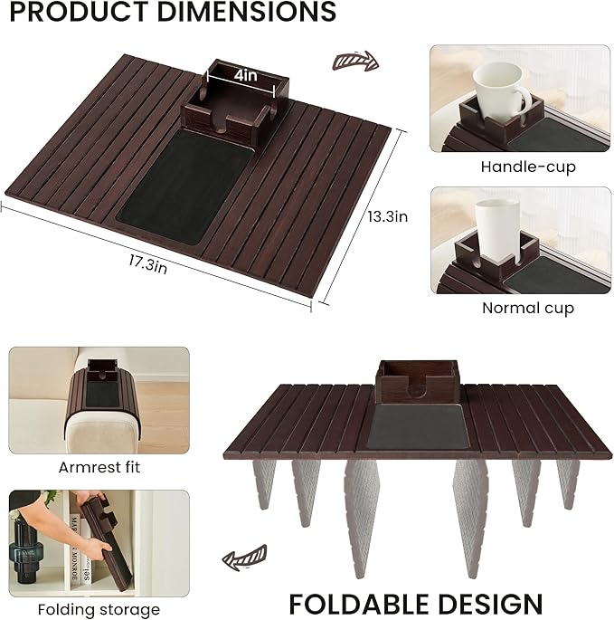 Bamboo Couch Cup Holder, Foldable Sofa Arm Tray, Anti-Slip Couch Aremrest Tray Table for Drink, Cup, Remote, Snacks, Cellphone, Portable, Mahogany