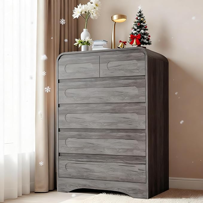 Grey Dresser for Bedroom with 6 Drawers, Tall Dressers & Chest of Drawers with Curved Profile Design, Modern Wood Closet Clothes Storage Dressers Organizer for Bedroom Living Room Hallway