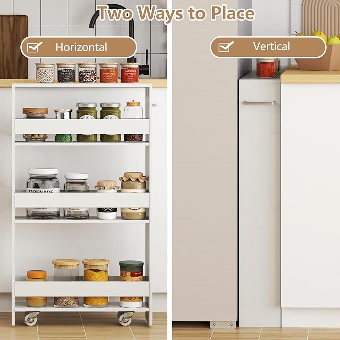 Slim Rolling Storage Cart, 4 Tier Narrow Kitchen Cart with Wheels, Between Washer and Dryer Cart, Wood Shelving Unit Organizer w/Handle for Small Spaces (White, 5-Inch)