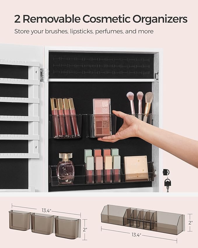 SONGMICS Jewelry Cabinet Armoire, Lockable Wall-Mounted Organizer Unit with 2 Plastic Cosmetic Storage Trays, Full-Length Frameless Mirror, Christmas Gift, White UJJC001W01
