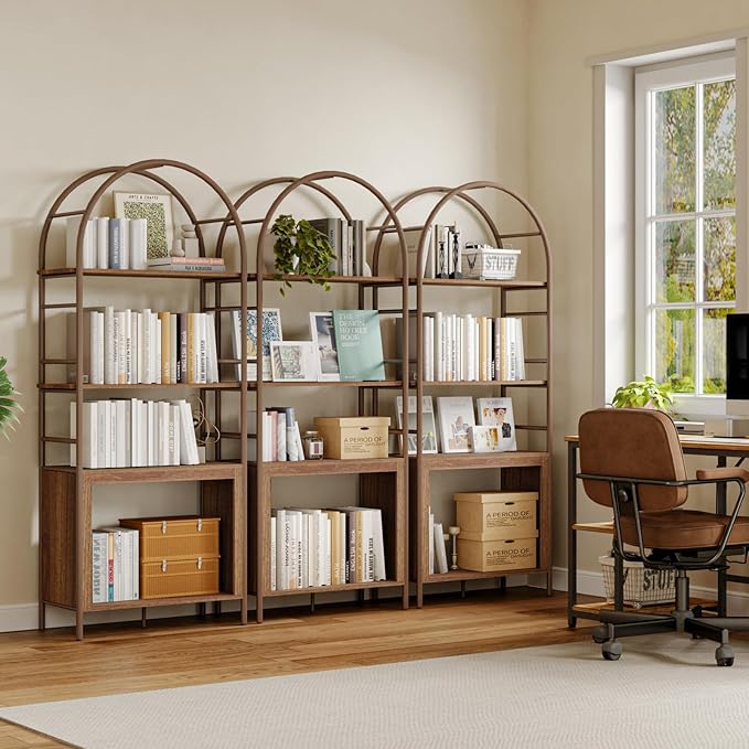 BREEZEHEAT 4-Tier Arched Bookshelf, 72" Tall Bookcase with Storage Shelves, Floor Standing Open Display Storage Shelf with Metal Frame, Large Organizer for Living Room, Home Office, Bedroom, Walnut
