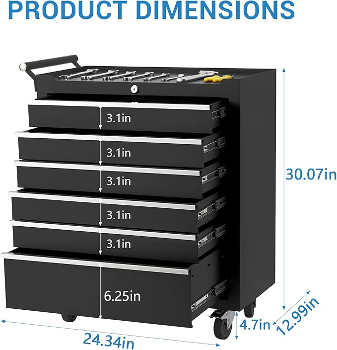 IDEALHOUSE Rolling Tool Chest, 6 Drawers Tool Storage Cabinet, Toolbox with Wheels, Portable Tool Cabinet Organizer with Locking System & Drawer Liners, Tool Storage Cart for Garage, Workshop, Black