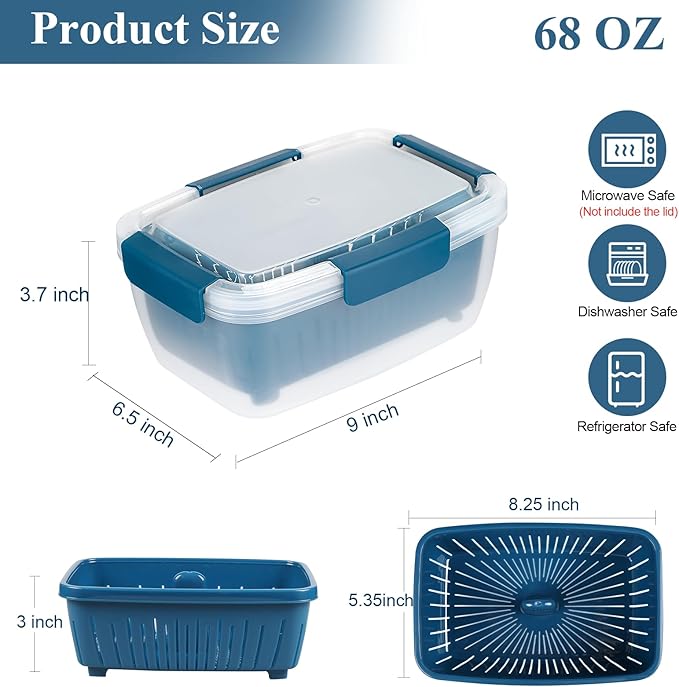 68oz Berry Keeper Fruit Storage Container for Fridge, Fresh Food Produce Saver Containers with Removable Drain Colander, Vegetable Lettuce Keeper Bowl Refrigerator Organizer, PRESS TO OPEN CLOSE LID