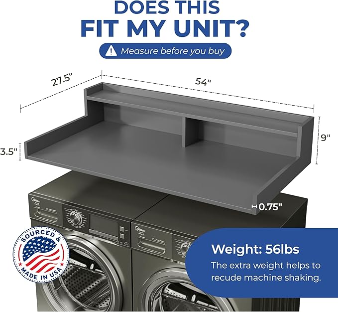 OfficeSimpli Washer Dryer Countertop with Shelf - 27.5 x 54 Inch - Made in USA Laundry Countertop Over Washer and Dryer with Non-Slip Pads, Storage Shelf, Laundry Topper Organizer, Slate Grey