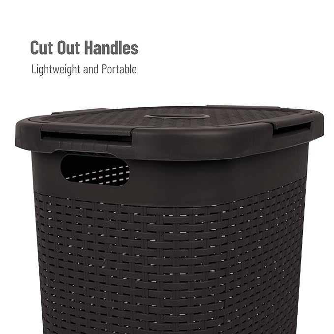 Mind Reader Slim Laundry Hamper with Lid, 60L Clothes Basket, Premium Wicker Design, Plastic, Brown