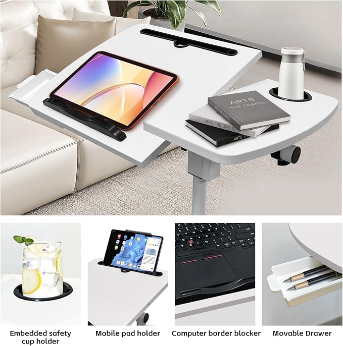 Overbed Table with Wheels Adjustable Height, Tiltable Desktop with Tray, Over Bed Table Rolling Bedside Tables, Medical Mobile Standing Desk, for Hospital Office Bedroom Sofa, White