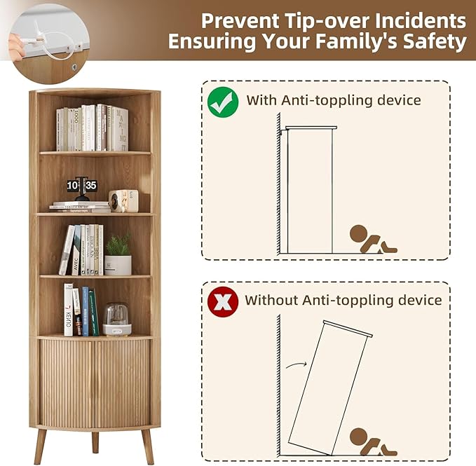 Corner Cabinet, 66.73'' Tall Modern Corner Bathroom Storage Cabinet with 2 Fluted Doors and Shelves, Home Space Saver for Kitchen, Living Room, Study Room (Wood Color, 66.73''H)