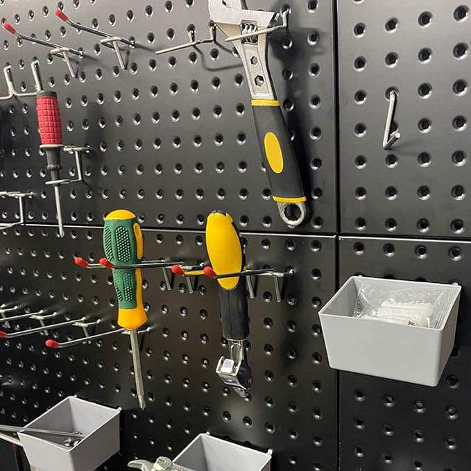 Wallmaster Pegboard Organizer Garage Storage - 48pcs Pegboard Hooks Set, Pegboard Tool Organizer with 48x24 Inch Steel Peg Board & 4 Storage Bins (Black)