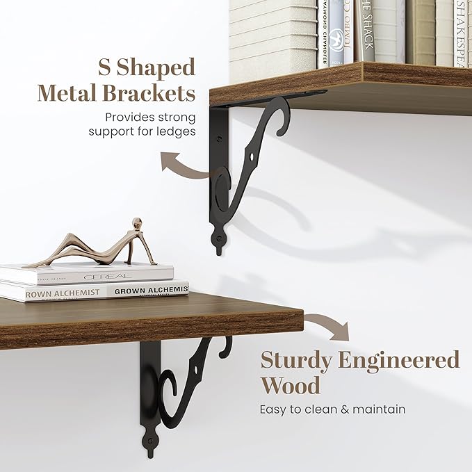 36 Inches Floating Shelves, Rustic Long Wall Shelves, 12 Inch Deep Book Shelf Wall Mounted with Bracket, Wide Display & Storage Shelves for Living Room, Bathroom, Bedroom, Walnut, Set of 2