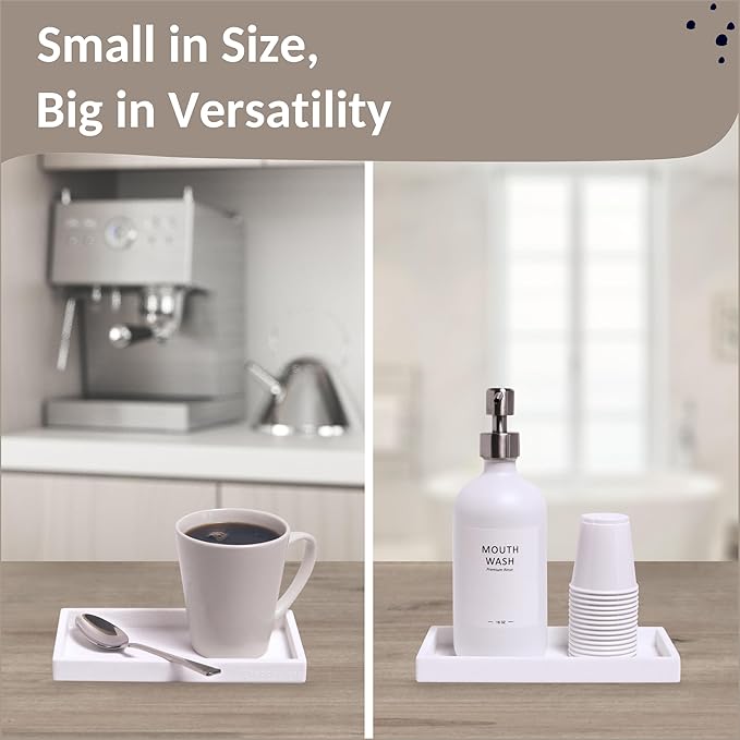 Countertop and Vanity Tray - Small 7.7” Silicone Tray for Soap Dispenser, Bathroom Trays, Dish Soap Trays for Kitchen Counter, Sink Caddy Sinks Organizer, Soaps Dish & Sponge Holder, White